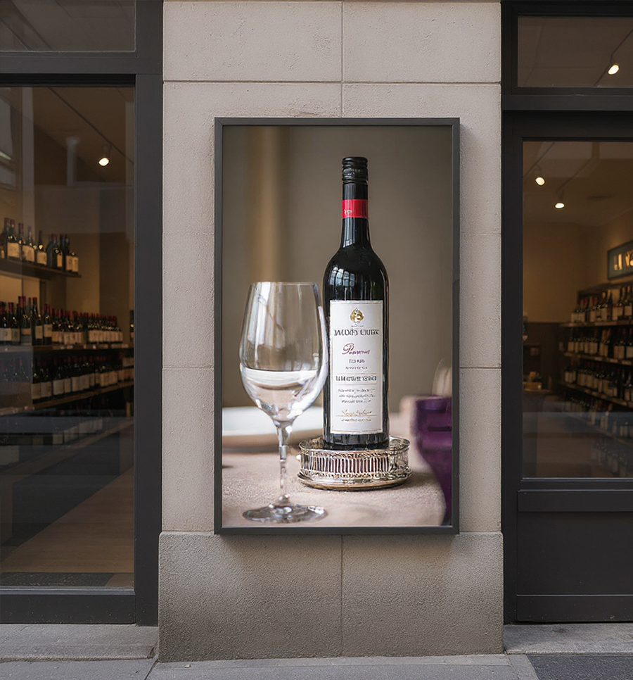 Ecran mural extérieur 55 pouces - devant une façade d'un magasin de vin